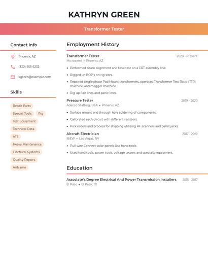 Transformer Tester Resume