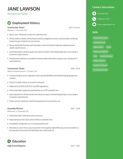 Transformer Tester Resume