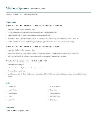 Transformer Tester Resume
