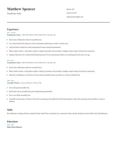 Transformer Tester Resume