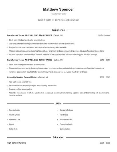 Transformer Tester Resume