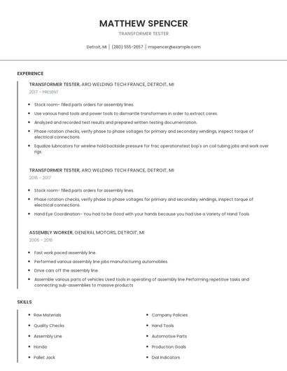 Transformer Tester Resume