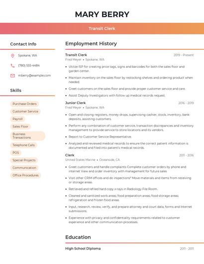 Transit Clerk Resume