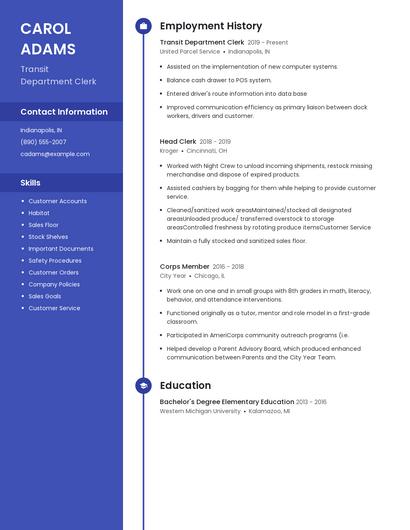 Transit Department Clerk Resume