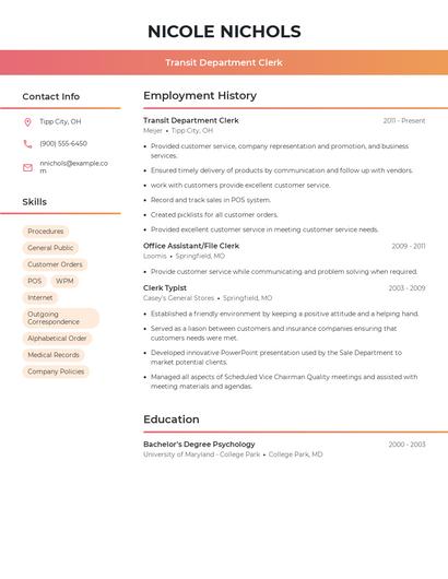 Transit Department Clerk Resume