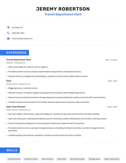 Transit Department Clerk Resume