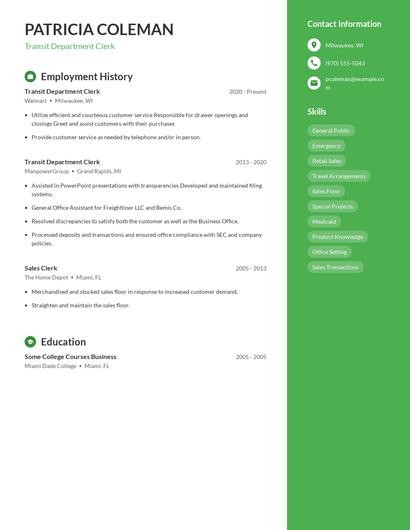 Transit Department Clerk Resume