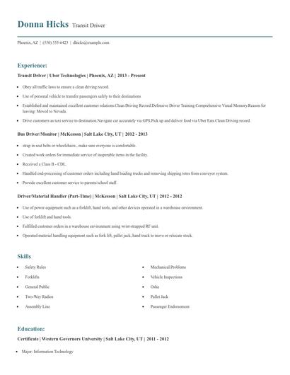 Transit Driver Resume