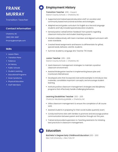Transition Teacher Resume