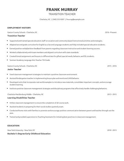 Transition Teacher Resume
