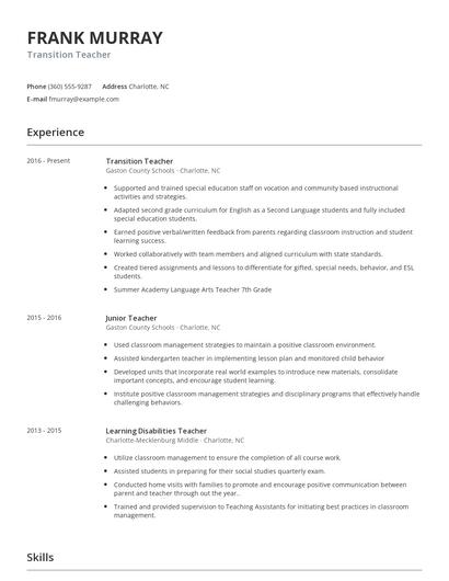 Transition Teacher Resume
