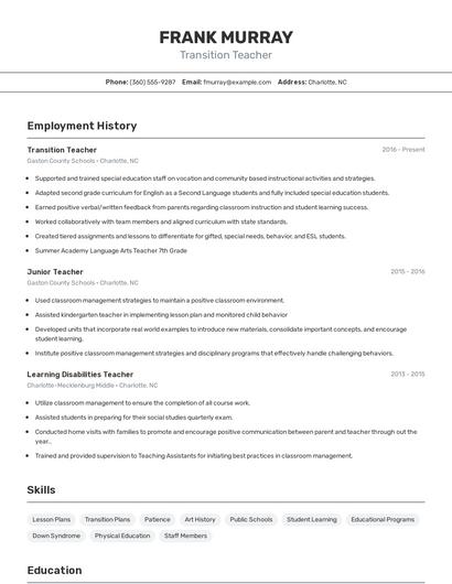 Transition Teacher Resume