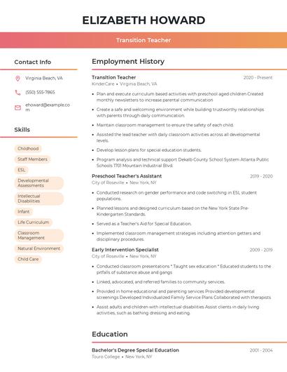 Transition Teacher Resume