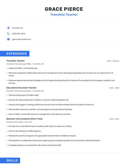 Transition Teacher Resume
