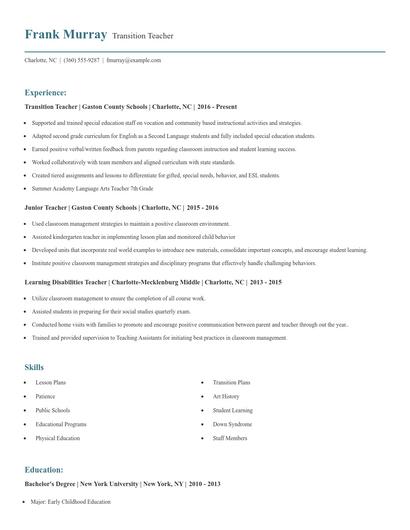 Transition Teacher Resume
