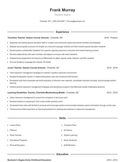 Transition Teacher Resume