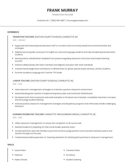 Transition Teacher Resume