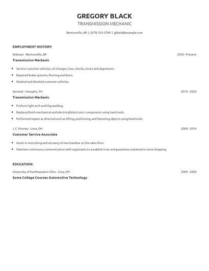 Transmission Mechanic Resume