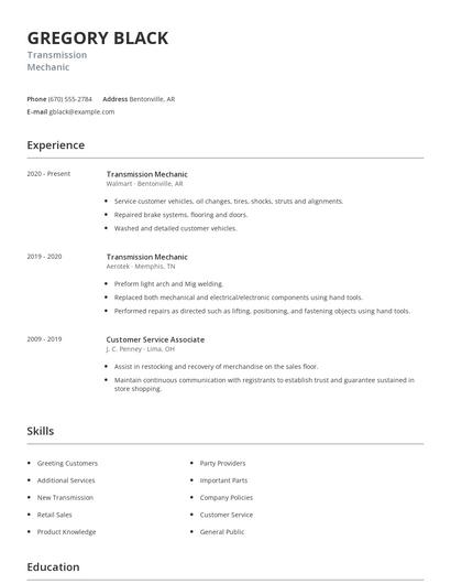 Transmission Mechanic Resume