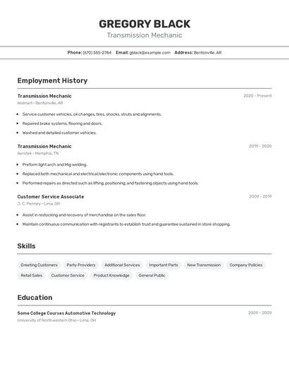 Transmission Mechanic Resume