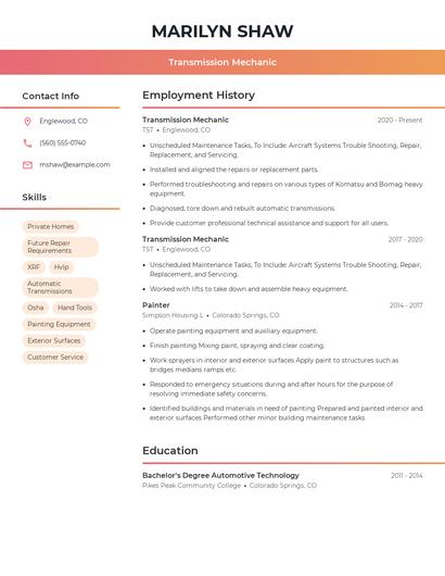 Transmission Mechanic Resume