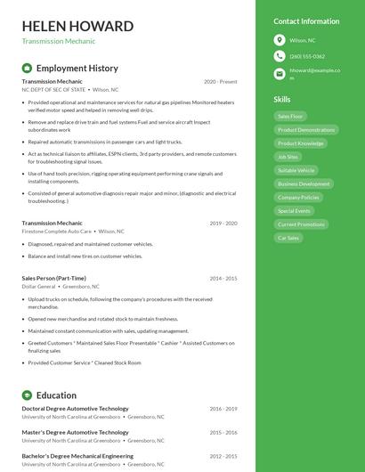 Transmission Mechanic Resume