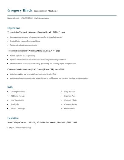 Transmission Mechanic Resume