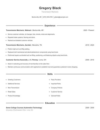 Transmission Mechanic Resume