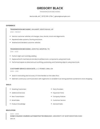 Transmission Mechanic Resume