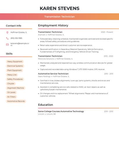 Transmission Technician Resume