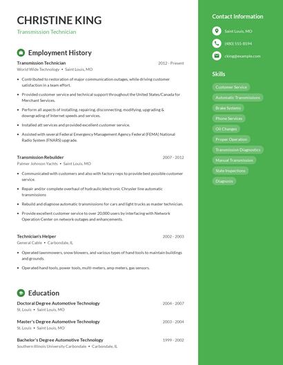 Transmission Technician Resume