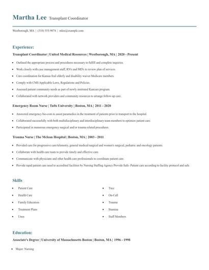 Transplant Coordinator Resume