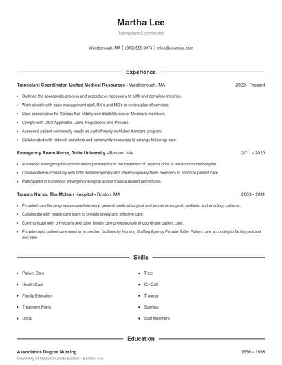 Transplant Coordinator Resume