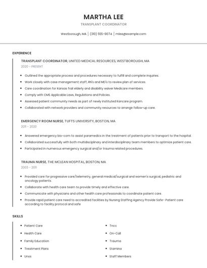 Transplant Coordinator Resume