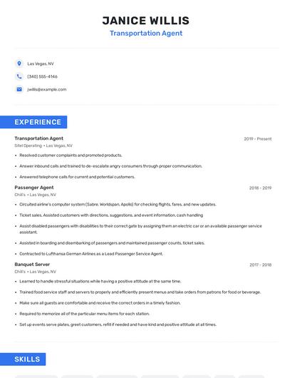 Transportation Agent Resume