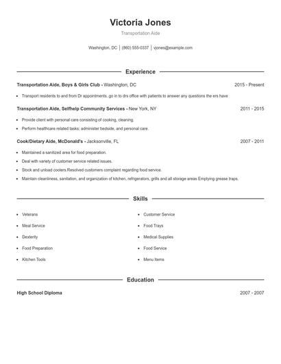 Transportation Aide Resume