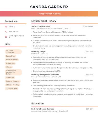 Transportation Analyst Resume