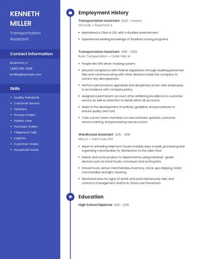 Transportation Assistant Resume
