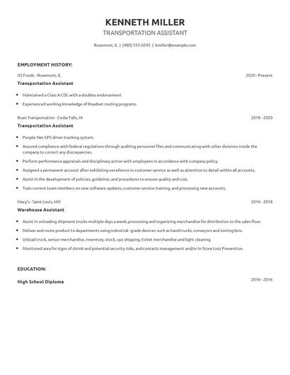 Transportation Assistant Resume