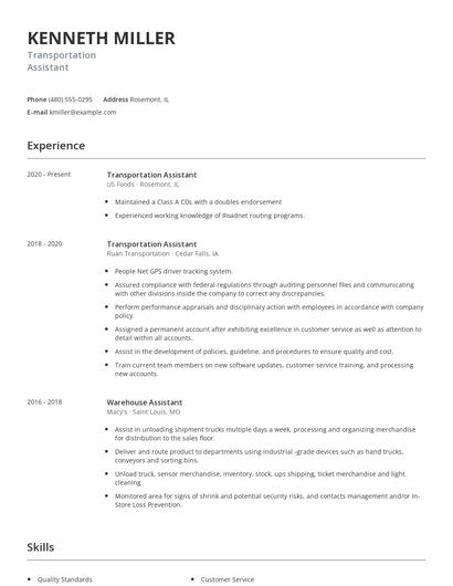 Transportation Assistant Resume