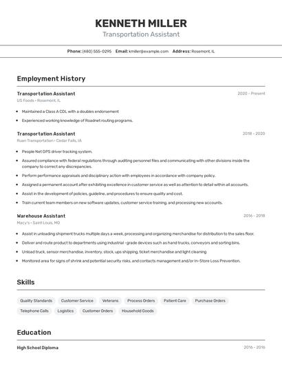 Transportation Assistant Resume