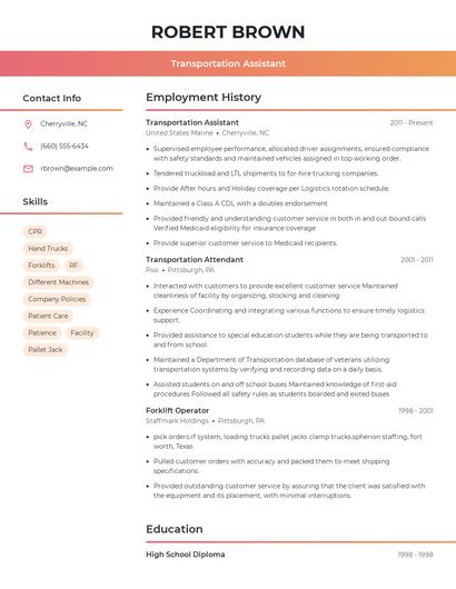 Transportation Assistant Resume