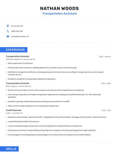 Transportation Assistant Resume
