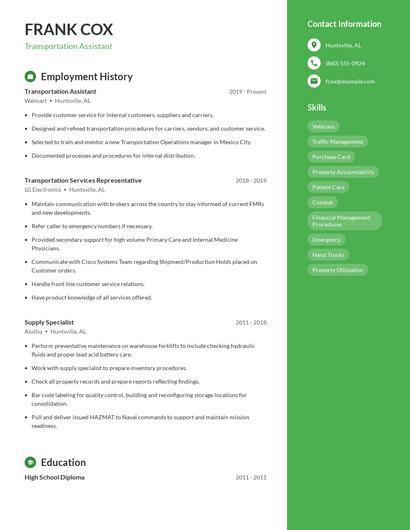 Transportation Assistant Resume