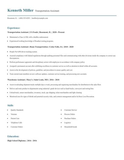 Transportation Assistant Resume