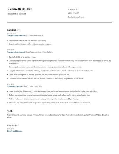 Transportation Assistant Resume