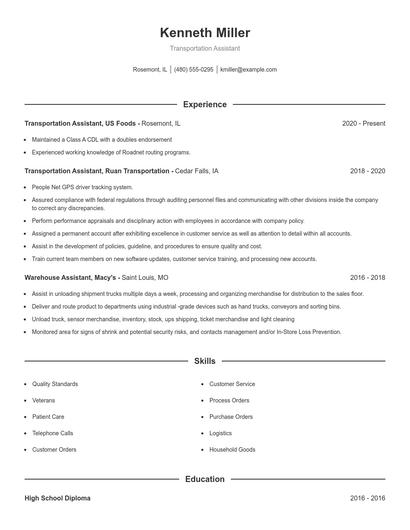 Transportation Assistant Resume
