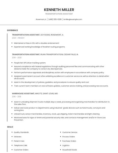 Transportation Assistant Resume