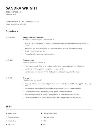 Transportation Attendant Resume