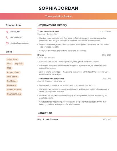 Transportation Broker Resume